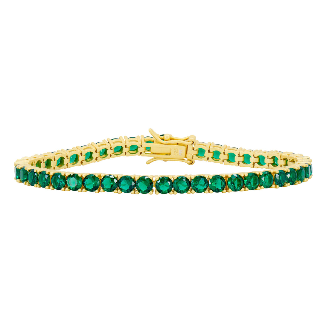 The Midnight Tri-Tone Twilight Tennis Bracelet by Midnight showcases a stunning array of round, vivid green gemstones set continuously in 14K matte gold. The secure clasp adds a decorative touch that complements the bracelet&