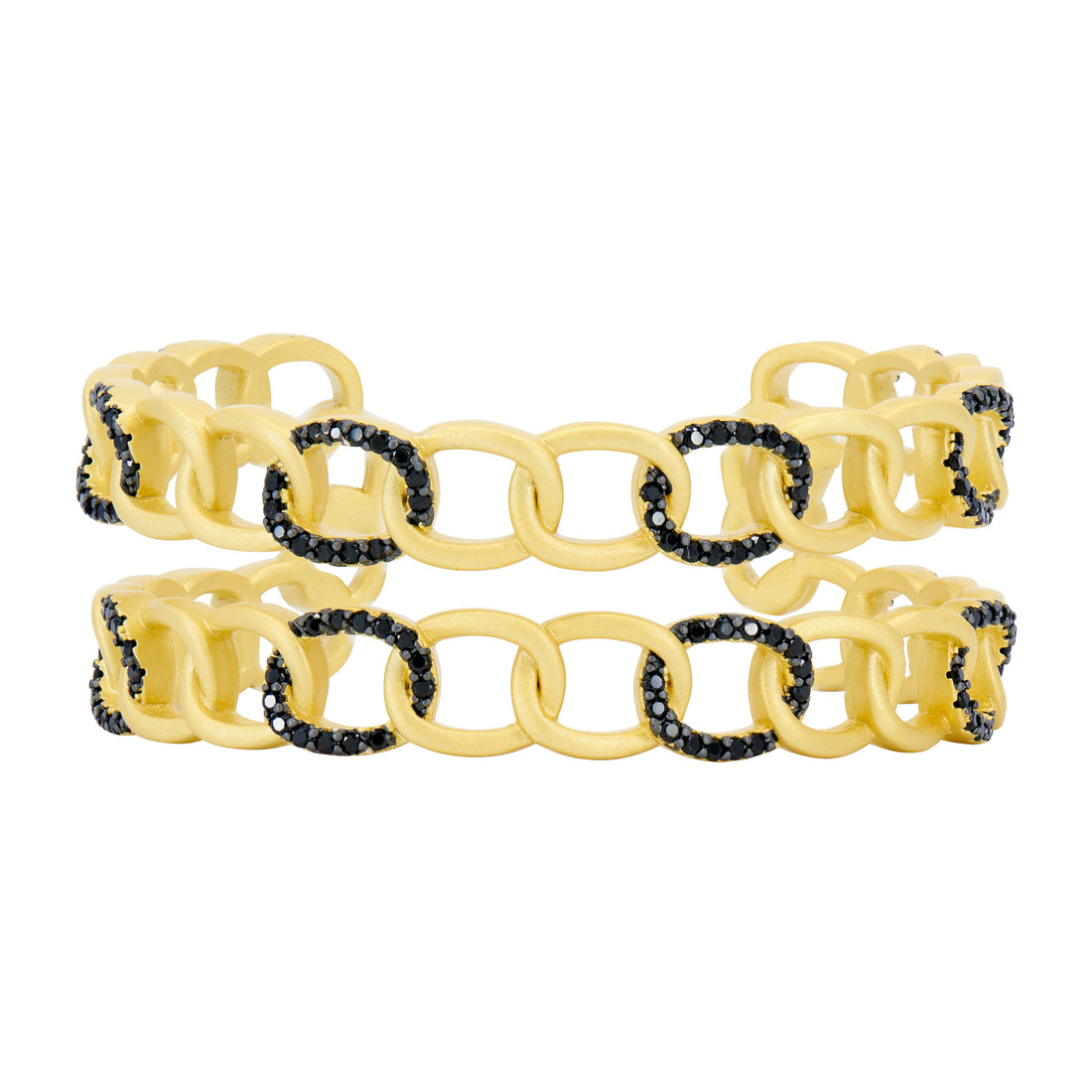 Two luxurious Industrial Finish Flat Chain Link Statement Cuffs featuring alternating links encrusted with black gemstones. The large, oval links create an elegant and symmetrical pattern, with each piece boasting a polished finish, providing a sophisticated touch.