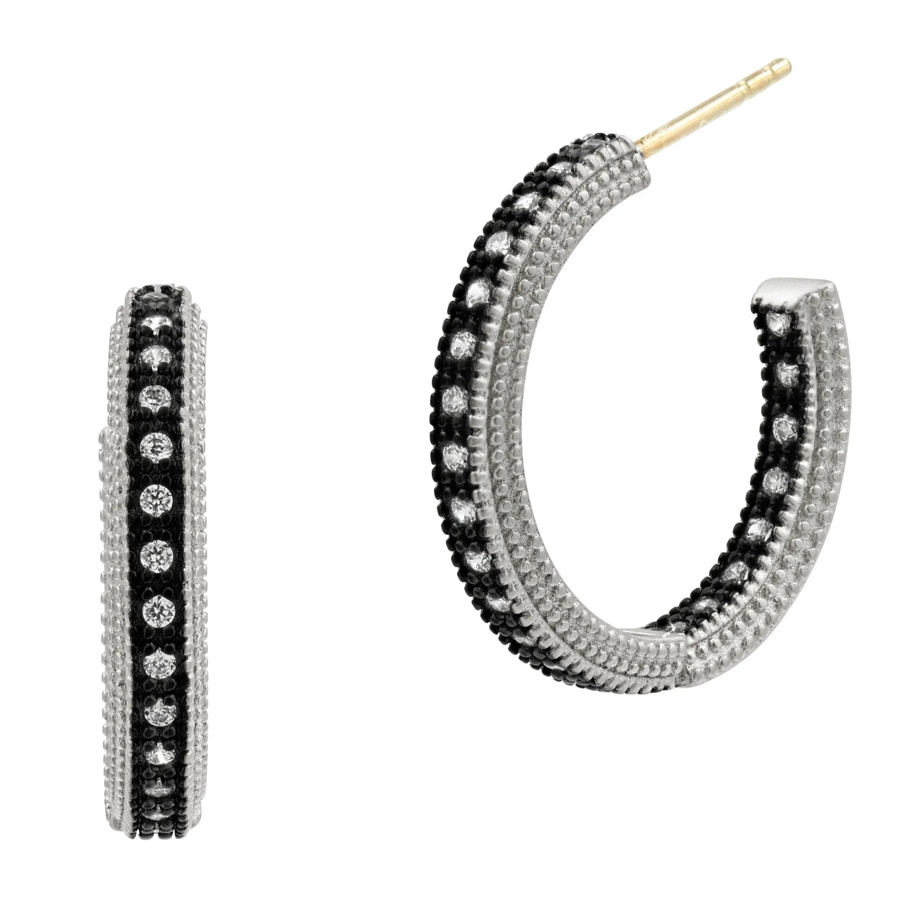 14k White Gold Black and White Pave Diamond Hoop Earrings